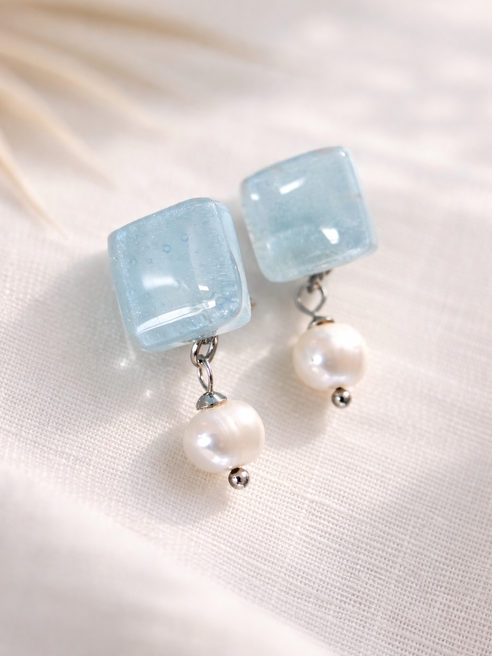 Light Blue Glass and Pearl  Earrings.